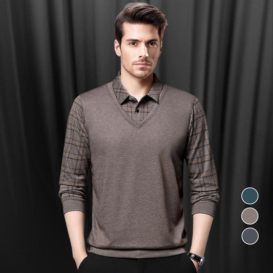 🌲Christmas Sale🌲Men's Faux Two Piece Lapel Long-Sleeve Tops